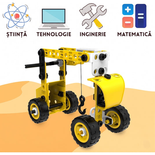 Set de Constructie 10in1 Interactiv BrainBox™ 100 Piese DIY, Model Multi-Utilaje Santier, Macara, Excavator, Stivuitor, Dezvoltare Abilitati STEM si Motricitate, Joc Educativ de Inginerie si Logica, +3 Ani, Yellow