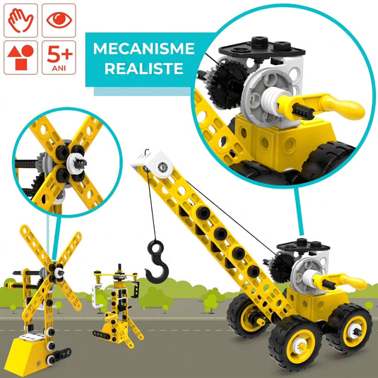 Set de Constructie 10in1 Interactiv BrainBox™ 100 Piese DIY, Model Multi-Utilaje Santier, Macara, Excavator, Stivuitor, Dezvoltare Abilitati STEM si Motricitate, Joc Educativ de Inginerie si Logica, +3 Ani, Yellow