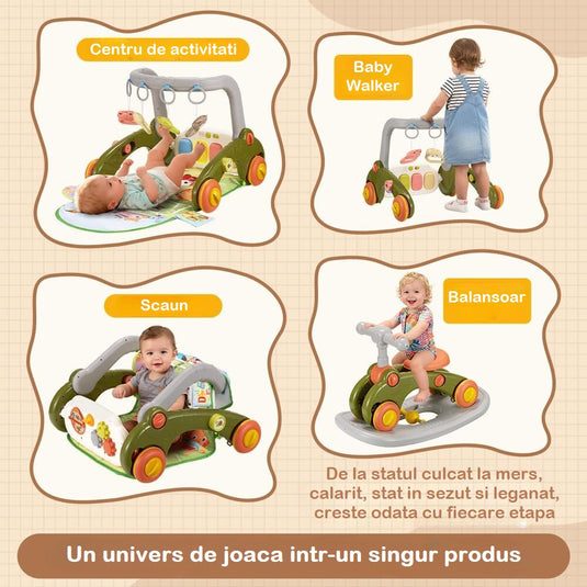 Resigilat: Centru de Activitati 7in1 Mix&Play™ Baby Activity System, Premergator, Salteluta, Balansoar, Bicicleta si Placa de Echilibru, Pian Senzorial cu Muzica si Lumini, 4 Jucarii Detasabile, Saltea Moale si Material Respirabil, Forest Football Green