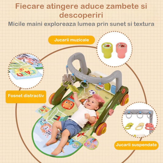 Resigilat: Centru de Activitati 7in1 Mix&Play™ Baby Activity System, Premergator, Salteluta, Balansoar, Bicicleta si Placa de Echilibru, Pian Senzorial cu Muzica si Lumini, 4 Jucarii Detasabile, Saltea Moale si Material Respirabil, Forest Football Green