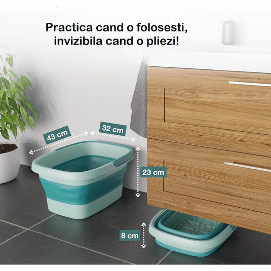 Mini Cadita cu Masaj 3in1 Multifunctionala HomBox® Cos de Rufe si Vas Pliabil, SPA Portabil 8 Role/54 Puncte Masaj Acupunctura, Maner Transport, Flexibila, Rezistenta, Capacitate Mare, Light Green
