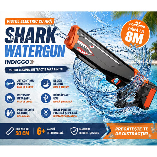 Pistol Electric Cu Apa SharkWaterGun Indiggo@, Dimensiune 50 cm, Jucarie Water Gun pentru Copii si Adulti, Design Rechin, Jet Continuu Puternic 8 Metri, Rezervor Detasabil, Reincarcare USB, Ideal Piscina si Plaja, 6 Ani+, Black
