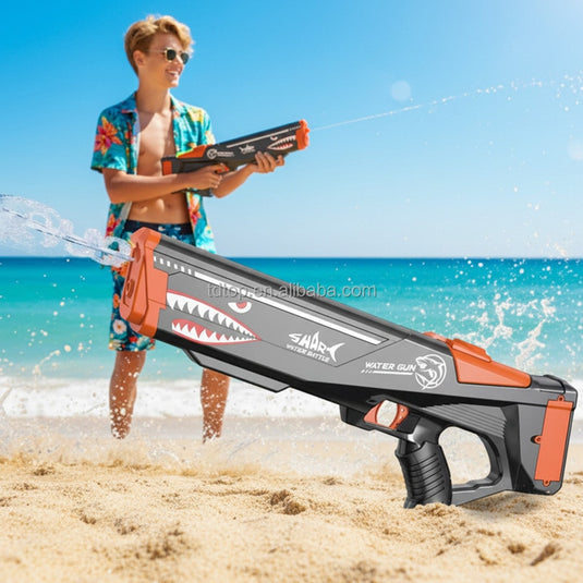 Pistol Electric Cu Apa SharkWaterGun Indiggo@, Dimensiune 50 cm, Jucarie Water Gun pentru Copii si Adulti, Design Rechin, Jet Continuu Puternic 8 Metri, Rezervor Detasabil, Reincarcare USB, Ideal Piscina si Plaja, 6 Ani+, Black