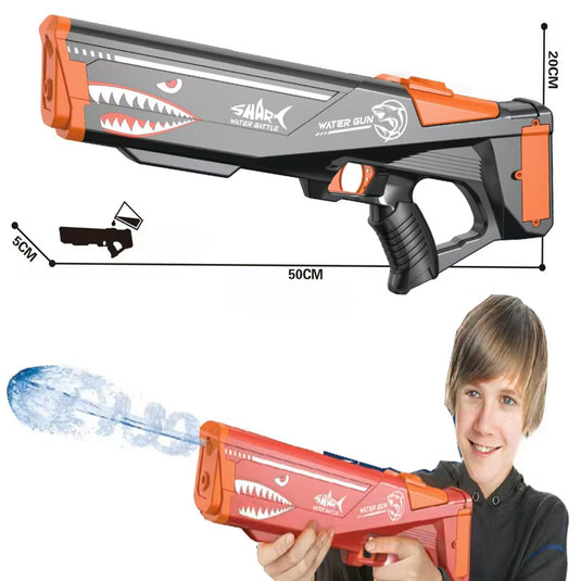 Pistol Electric Cu Apa SharkWaterGun Indiggo@, Dimensiune 50 cm, Jucarie Water Gun pentru Copii si Adulti, Design Rechin, Jet Continuu Puternic 8 Metri, Rezervor Detasabil, Reincarcare USB, Ideal Piscina si Plaja, 6 Ani+, Black