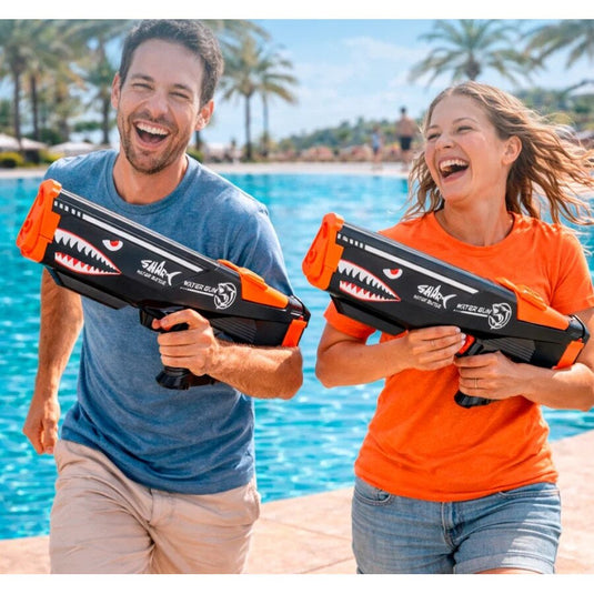 Pistol Electric Cu Apa SharkWaterGun Indiggo@, Dimensiune 50 cm, Jucarie Water Gun pentru Copii si Adulti, Design Rechin, Jet Continuu Puternic 8 Metri, Rezervor Detasabil, Reincarcare USB, Ideal Piscina si Plaja, 6 Ani+, Black