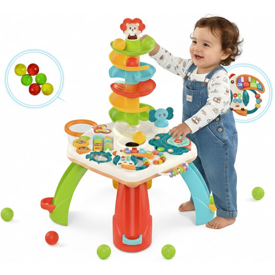 Masuta Multifunctionala de Joaca cu Activitati HappyToucan Indiggo® Puzzle Educativ, Tobogan cu Bile, Sunete si Cantece, Lumini, Joc Abacus, Pian, Forme si Culori, Jucarii pentru Dentitie, Cos de Baschet, Multicolor
