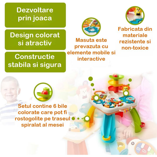 Masuta Multifunctionala de Joaca cu Activitati HappyToucan Indiggo® Puzzle Educativ, Tobogan cu Bile, Sunete si Cantece, Lumini, Joc Abacus, Pian, Forme si Culori, Jucarii pentru Dentitie, Cos de Baschet, Multicolor