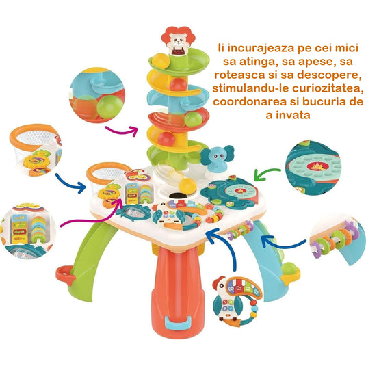 Masuta Multifunctionala de Joaca cu Activitati HappyToucan Indiggo® Puzzle Educativ, Tobogan cu Bile, Sunete si Cantece, Lumini, Joc Abacus, Pian, Forme si Culori, Jucarii pentru Dentitie, Cos de Baschet, Multicolor