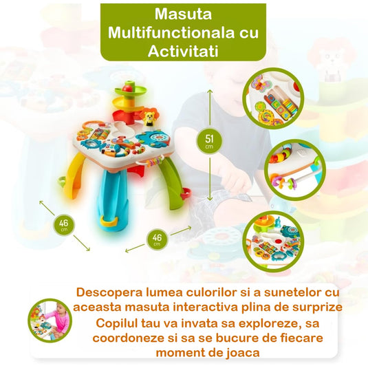 Masuta Multifunctionala de Joaca cu Activitati HappyToucan Indiggo® Puzzle Educativ, Tobogan cu Bile, Sunete si Cantece, Lumini, Joc Abacus, Pian, Forme si Culori, Jucarii pentru Dentitie, Cos de Baschet, Multicolor