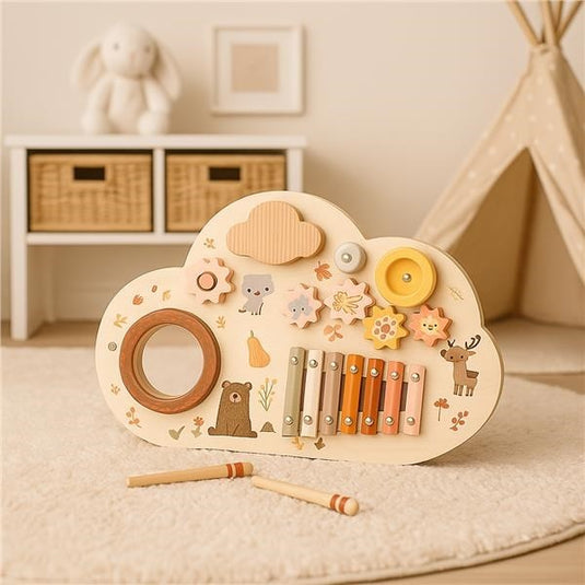 Masuta Educationala din Lemn pentru Copii TinyTunes Table - Indiggo@, Jucarie Montessori cu Instrumente Muzicale, 12 Luni+, Wooden Brown