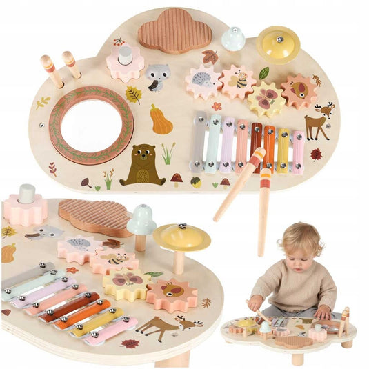 Masuta Educationala din Lemn pentru Copii TinyTunes Table - Indiggo@, Jucarie Montessori cu Instrumente Muzicale, 12 Luni+, Wooden Brown