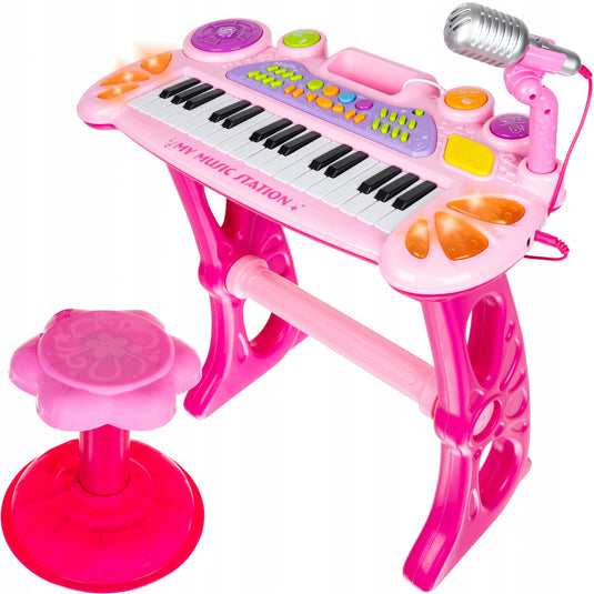 Orga Electronica Multifunctionala, KidsPiano, KinderVibe™, cu Microfon, Scaunel, Conectare la Telefon/MP3, Functii Karaoke/Inregistrare Voce/Redare, Pink