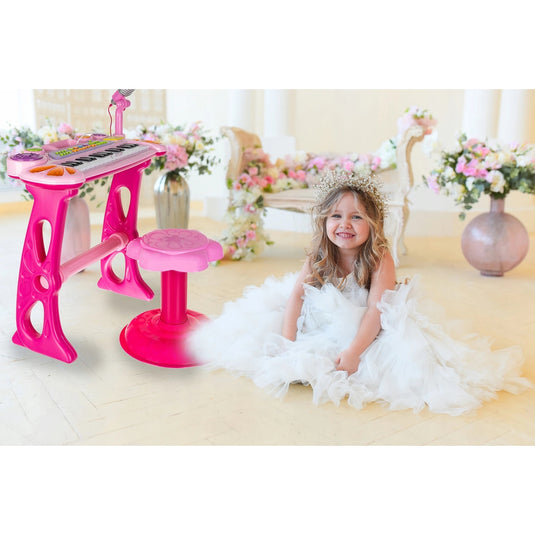 Orga Electronica Multifunctionala, KidsPiano, KinderVibe™, cu Microfon, Scaunel, Conectare la Telefon/MP3, Functii Karaoke/Inregistrare Voce/Redare, Pink