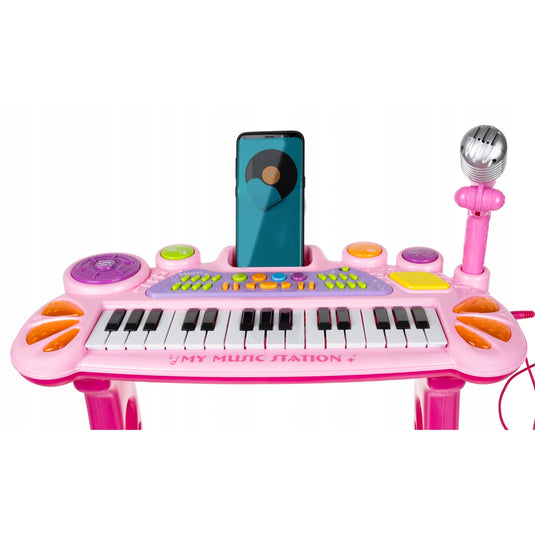 Orga Electronica Multifunctionala, KidsPiano, KinderVibe™, cu Microfon, Scaunel, Conectare la Telefon/MP3, Functii Karaoke/Inregistrare Voce/Redare, Pink