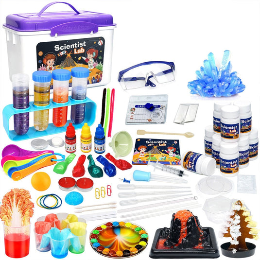 Resigilat: Set de Joaca Educativ Kit Experimente Stiintifice - ScienceBOX™ 80 de Experimente, STEM, Experimente cu Apa, Chimie si Earth Science, Experimente Magice, Vulcan, Cristale, Curcubeu Lichid, 6 Ani+, White Purple