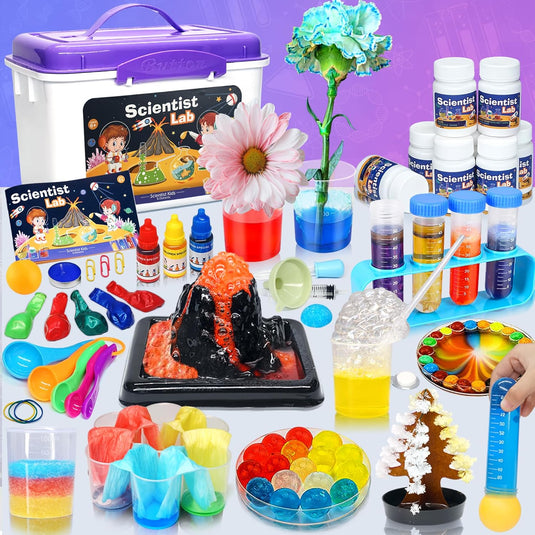 Resigilat: Set de Joaca Educativ Kit Experimente Stiintifice - ScienceBOX™ 80 de Experimente, STEM, Experimente cu Apa, Chimie si Earth Science, Experimente Magice, Vulcan, Cristale, Curcubeu Lichid, 6 Ani+, White Purple