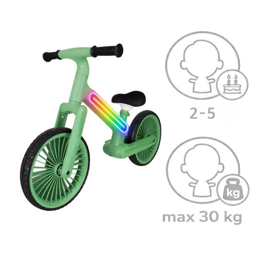 Bicicleta de Echilibru pentru Copii - NeoGlow Balance Bike Indiggo@, Iluminare LED RGB 20 Moduri, Roti EVA 12 inch Rezistente, Sa Reglabila, Cadru Usor 3.6 kg, 2+ Ani, Black