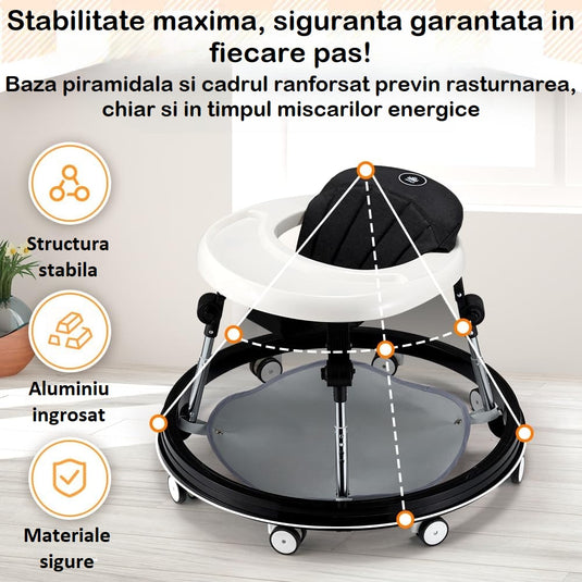 Premergator Multifunctional 3in1 VibeZilla® Scaun de Masa si Jumper, Panou Detasabil Muzical cu Jucarii, Inaltime Reglabila, Pliabil, Perna Moale si Respirabila, Roti Silentioase 360°, Suport Picioare, Design Ranforsat, Anti-Rasturnare, Black