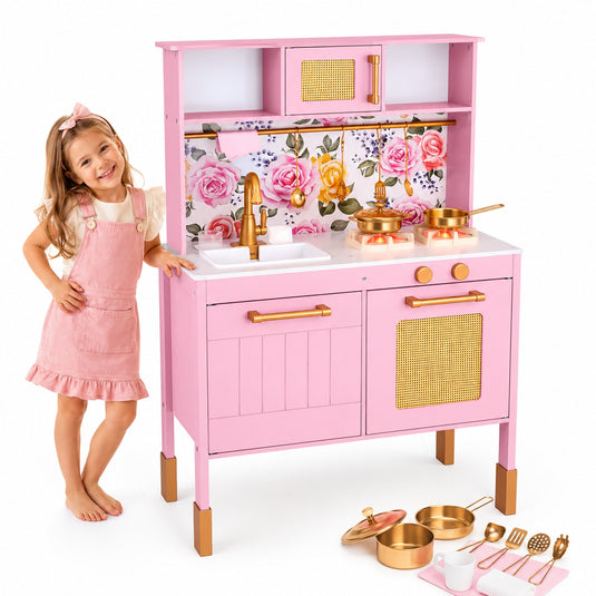Bucatarie pentru Copii din Lemn Natural FloralDream KinderVibe™, Arzatoare cu Lumini si Sunete, Cuptor cu Microunde, Chiuveta functionala, Accesorii de Gatit Incluse, Inaltime 100 cm, Matte Rose