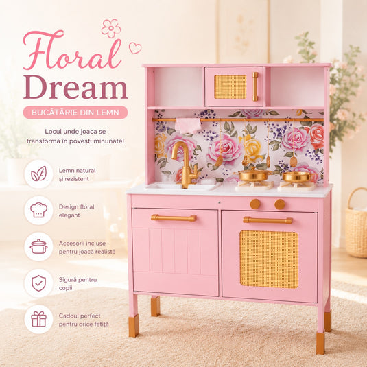 Bucatarie pentru Copii din Lemn Natural FloralDream KinderVibe™, Arzatoare cu Lumini si Sunete, Cuptor cu Microunde, Chiuveta functionala, Accesorii de Gatit Incluse, Inaltime 100 cm, Matte Rose