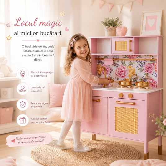 Bucatarie pentru Copii din Lemn Natural FloralDream KinderVibe™, Arzatoare cu Lumini si Sunete, Cuptor cu Microunde, Chiuveta functionala, Accesorii de Gatit Incluse, Inaltime 100 cm, Matte Rose