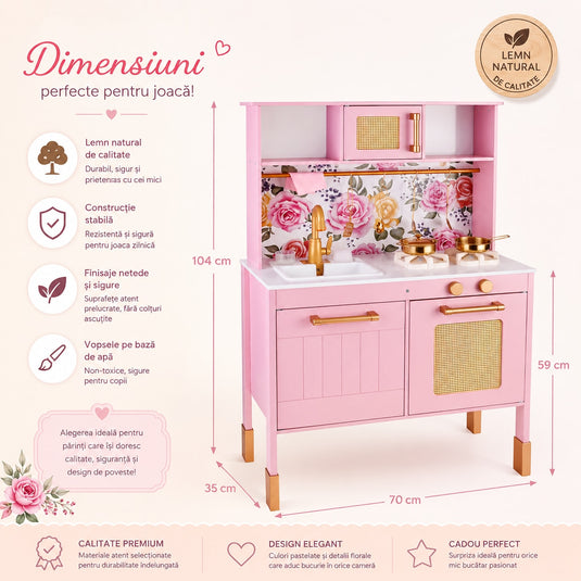 Bucatarie pentru Copii din Lemn Natural FloralDream KinderVibe™, Arzatoare cu Lumini si Sunete, Cuptor cu Microunde, Chiuveta functionala, Accesorii de Gatit Incluse, Inaltime 100 cm, Matte Rose