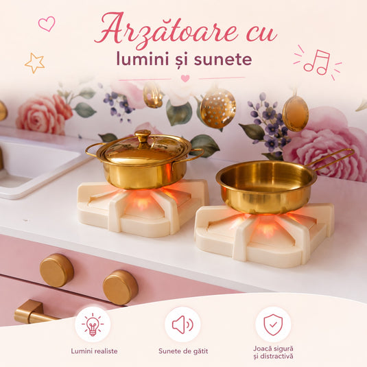 Bucatarie pentru Copii din Lemn Natural FloralDream KinderVibe™, Arzatoare cu Lumini si Sunete, Cuptor cu Microunde, Chiuveta functionala, Accesorii de Gatit Incluse, Inaltime 100 cm, Matte Rose