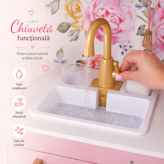 Bucatarie pentru Copii din Lemn Natural FloralDream KinderVibe™, Arzatoare cu Lumini si Sunete, Cuptor cu Microunde, Chiuveta functionala, Accesorii de Gatit Incluse, Inaltime 100 cm, Matte Rose
