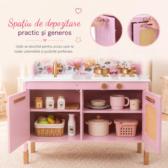 Bucatarie pentru Copii din Lemn Natural FloralDream KinderVibe™, Arzatoare cu Lumini si Sunete, Cuptor cu Microunde, Chiuveta functionala, Accesorii de Gatit Incluse, Inaltime 100 cm, Matte Rose