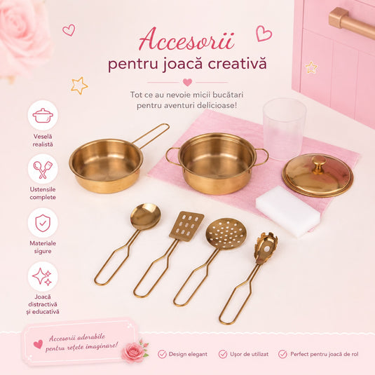 Bucatarie pentru Copii din Lemn Natural FloralDream KinderVibe™, Arzatoare cu Lumini si Sunete, Cuptor cu Microunde, Chiuveta functionala, Accesorii de Gatit Incluse, Inaltime 100 cm, Matte Rose