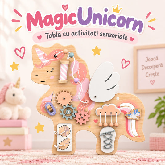 Tabla de Activitati Senzoriale din Lemn MagicUnicorn™ Montessori Discovery cu Roti Dintate, Bilute, Snururi, Siret, Comutator ON/OFF, Elemente Mobile, Jucarie Interactiva si Educativa pentru Motricitate Fina, Pastel Dream