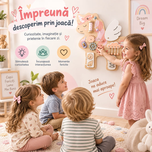 Tabla de Activitati Senzoriale din Lemn MagicUnicorn™ Montessori Discovery cu Roti Dintate, Bilute, Snururi, Siret, Comutator ON/OFF, Elemente Mobile, Jucarie Interactiva si Educativa pentru Motricitate Fina, Pastel Dream