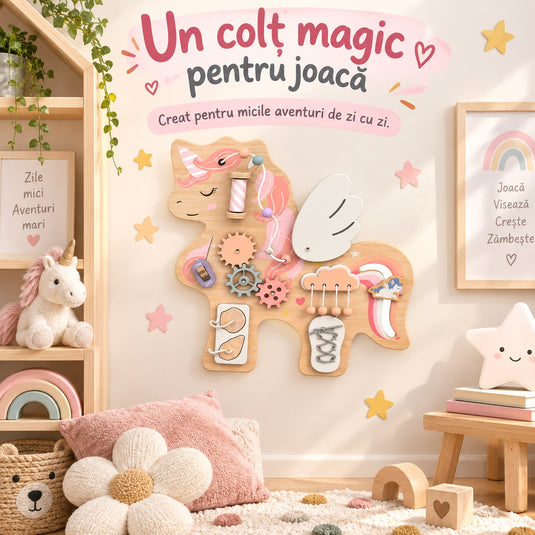 Tabla de Activitati Senzoriale din Lemn MagicUnicorn™ Montessori Discovery cu Roti Dintate, Bilute, Snururi, Siret, Comutator ON/OFF, Elemente Mobile, Jucarie Interactiva si Educativa pentru Motricitate Fina, Pastel Dream
