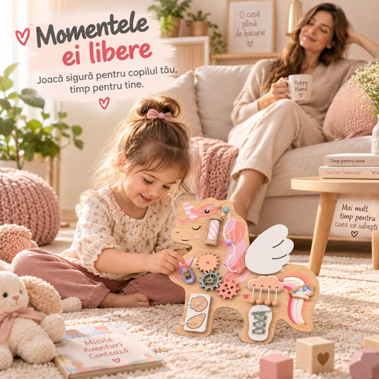 Tabla de Activitati Senzoriale din Lemn MagicUnicorn™ Montessori Discovery cu Roti Dintate, Bilute, Snururi, Siret, Comutator ON/OFF, Elemente Mobile, Jucarie Interactiva si Educativa pentru Motricitate Fina, Pastel Dream