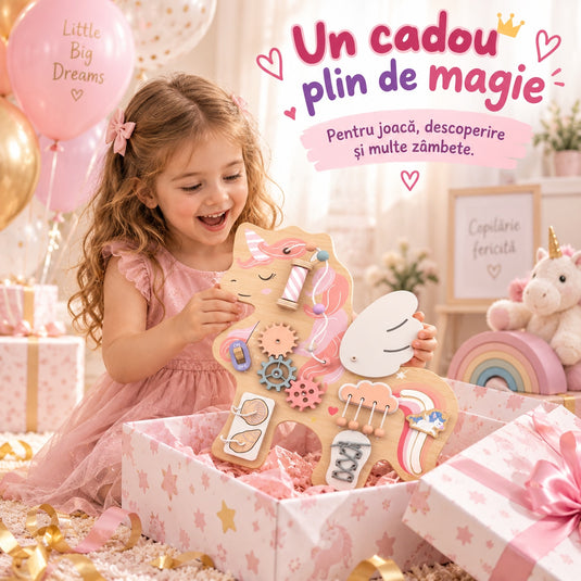 Tabla de Activitati Senzoriale din Lemn MagicUnicorn™ Montessori Discovery cu Roti Dintate, Bilute, Snururi, Siret, Comutator ON/OFF, Elemente Mobile, Jucarie Interactiva si Educativa pentru Motricitate Fina, Pastel Dream