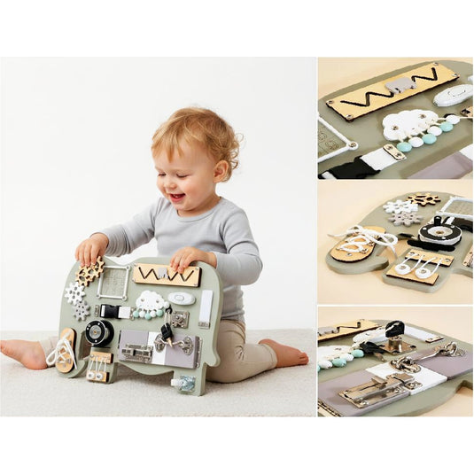 Tabla de Activitati Senzoriale din Lemn MagicUnicorn™ Montessori Discovery cu Roti Dintate, Bilute, Snururi, Siret, Comutator ON/OFF, Elemente Mobile, Jucarie Interactiva si Educativa pentru Motricitate Fina, Pastel Dream