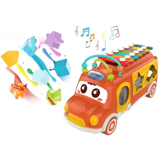 Autobuz Muzical Multifunctional 3in1 MusicRide™ cu Xilofon, Sortator de Forme, Blocuri de Constructie, Elemente Mobile, Invatare si Dezvoltare, Recunoasterea Culorilor si Rezolvarea Problemelor, Red