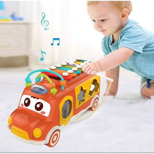 Autobuz Muzical Multifunctional 3in1 MusicRide™ cu Xilofon, Sortator de Forme, Blocuri de Constructie, Elemente Mobile, Invatare si Dezvoltare, Recunoasterea Culorilor si Rezolvarea Problemelor, Red