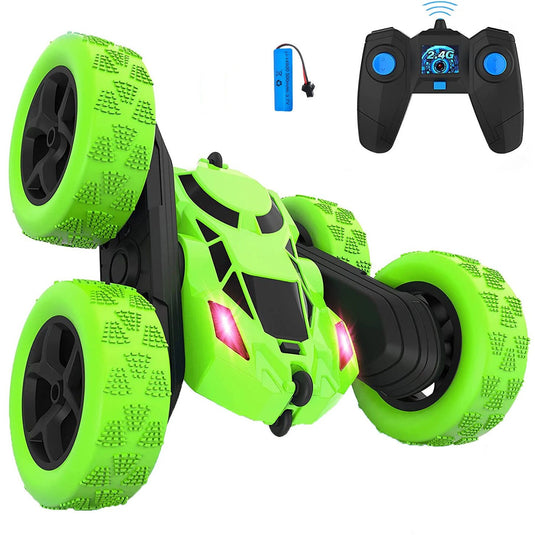 Masinuta cu Telecomanda StuntRaceCar, Vehicul Off-Road cu Tractiune 4x4, Iluminare LED Functie de Rotire 360 de Grade, Telecomanda cu Raza de Actiune 40 m si Tehnologie de Control 2.4 GHz, Baterie Reincarcabila, Cablu USB, Indiggo@, Green, 5+