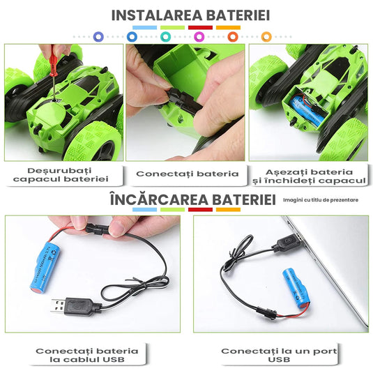 Masinuta cu Telecomanda StuntRaceCar, Vehicul Off-Road cu Tractiune 4x4, Iluminare LED Functie de Rotire 360 de Grade, Telecomanda cu Raza de Actiune 40 m si Tehnologie de Control 2.4 GHz, Baterie Reincarcabila, Cablu USB, Indiggo@, Green, 5+