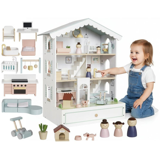 Casuta de Papusi din Lemn MaisonMelodi™ cu Poveste Audio, 3 Etaje, 3 Figurine, Catelus, Piese de Mobilier Detasabile, Accesorii Decorative si Elemente de Joaca Interactive, Inaltime 70cm, Snow Pearl