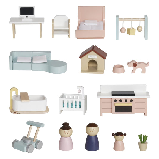 Casuta de Papusi din Lemn MaisonMelodi™ cu Poveste Audio, 3 Etaje, 3 Figurine, Catelus, Piese de Mobilier Detasabile, Accesorii Decorative si Elemente de Joaca Interactive, Inaltime 70cm, Snow Pearl