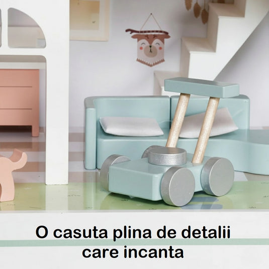 Casuta de Papusi din Lemn MaisonMelodi™ cu Poveste Audio, 3 Etaje, 3 Figurine, Catelus, Piese de Mobilier Detasabile, Accesorii Decorative si Elemente de Joaca Interactive, Inaltime 70cm, Snow Pearl