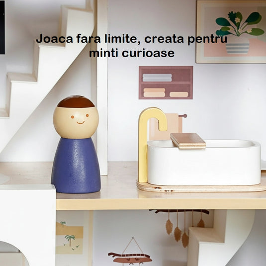 Casuta de Papusi din Lemn MaisonMelodi™ cu Poveste Audio, 3 Etaje, 3 Figurine, Catelus, Piese de Mobilier Detasabile, Accesorii Decorative si Elemente de Joaca Interactive, Inaltime 70cm, Snow Pearl