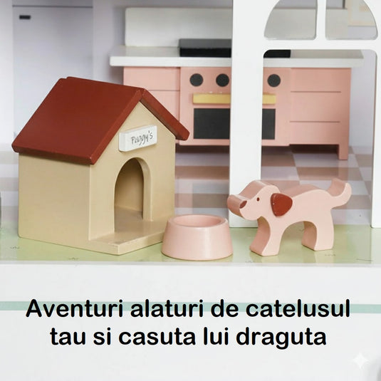 Casuta de Papusi din Lemn MaisonMelodi™ cu Poveste Audio, 3 Etaje, 3 Figurine, Catelus, Piese de Mobilier Detasabile, Accesorii Decorative si Elemente de Joaca Interactive, Inaltime 70cm, Snow Pearl