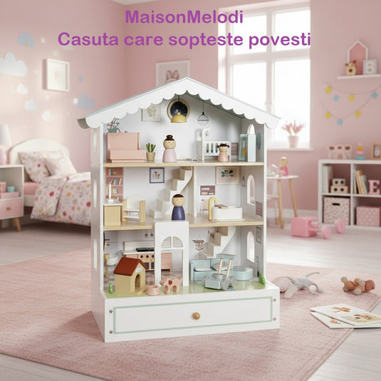 Casuta de Papusi din Lemn MaisonMelodi™ cu Poveste Audio, 3 Etaje, 3 Figurine, Catelus, Piese de Mobilier Detasabile, Accesorii Decorative si Elemente de Joaca Interactive, Inaltime 70cm, Snow Pearl
