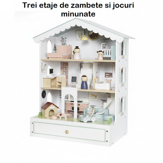 Casuta de Papusi din Lemn MaisonMelodi™ cu Poveste Audio, 3 Etaje, 3 Figurine, Catelus, Piese de Mobilier Detasabile, Accesorii Decorative si Elemente de Joaca Interactive, Inaltime 70cm, Snow Pearl