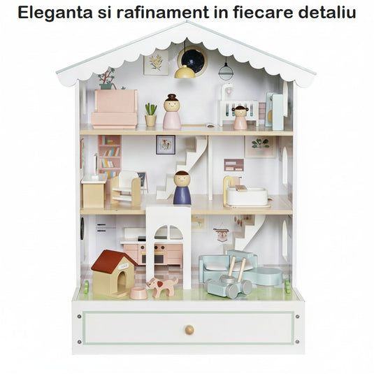 Casuta de Papusi din Lemn MaisonMelodi™ cu Poveste Audio, 3 Etaje, 3 Figurine, Catelus, Piese de Mobilier Detasabile, Accesorii Decorative si Elemente de Joaca Interactive, Inaltime 70cm, Snow Pearl