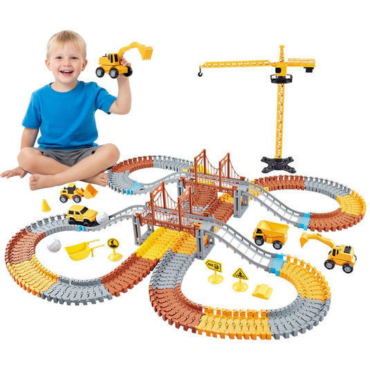 Set Pista Modulara FLEXIBILA 300 Cm MegaTrack™ 273 Piese, 1 Vehicul Electric, 3 Masini, Excavator, Basculanta, Buldozer, Macara, Poduri, Turn Suspendat, Indicatoare Rutiere, Accesorii Santier, Multicolor