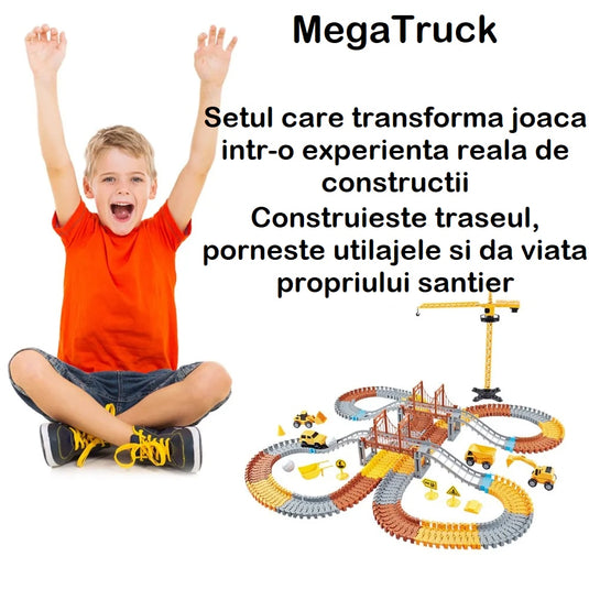 Set Pista Modulara FLEXIBILA 300 Cm MegaTrack™ 273 Piese, 1 Vehicul Electric, 3 Masini, Excavator, Basculanta, Buldozer, Macara, Poduri, Turn Suspendat, Indicatoare Rutiere, Accesorii Santier, Multicolor